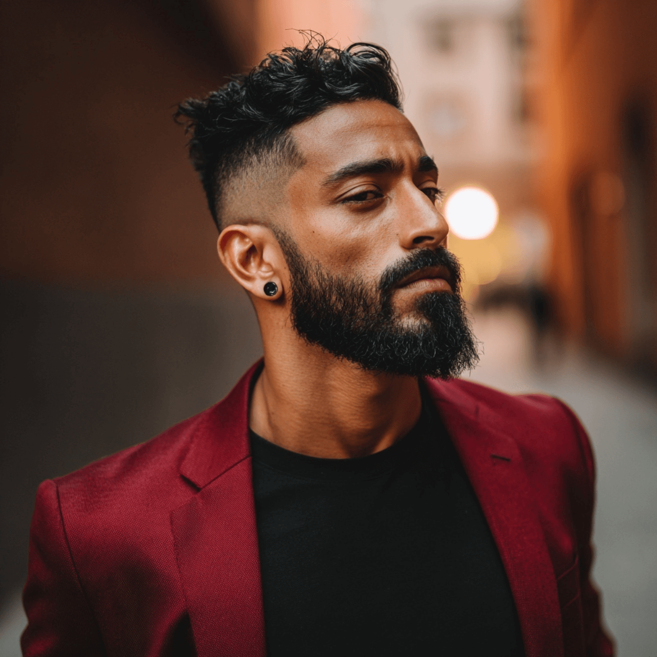 Manifé™ Beard Elixer, handsome man in a cranberry jacket, showing his beard